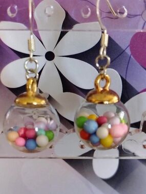 Handmade Gumball Globe Earrings Glass Ball Dangle Cute Kawaii Candy Colorful